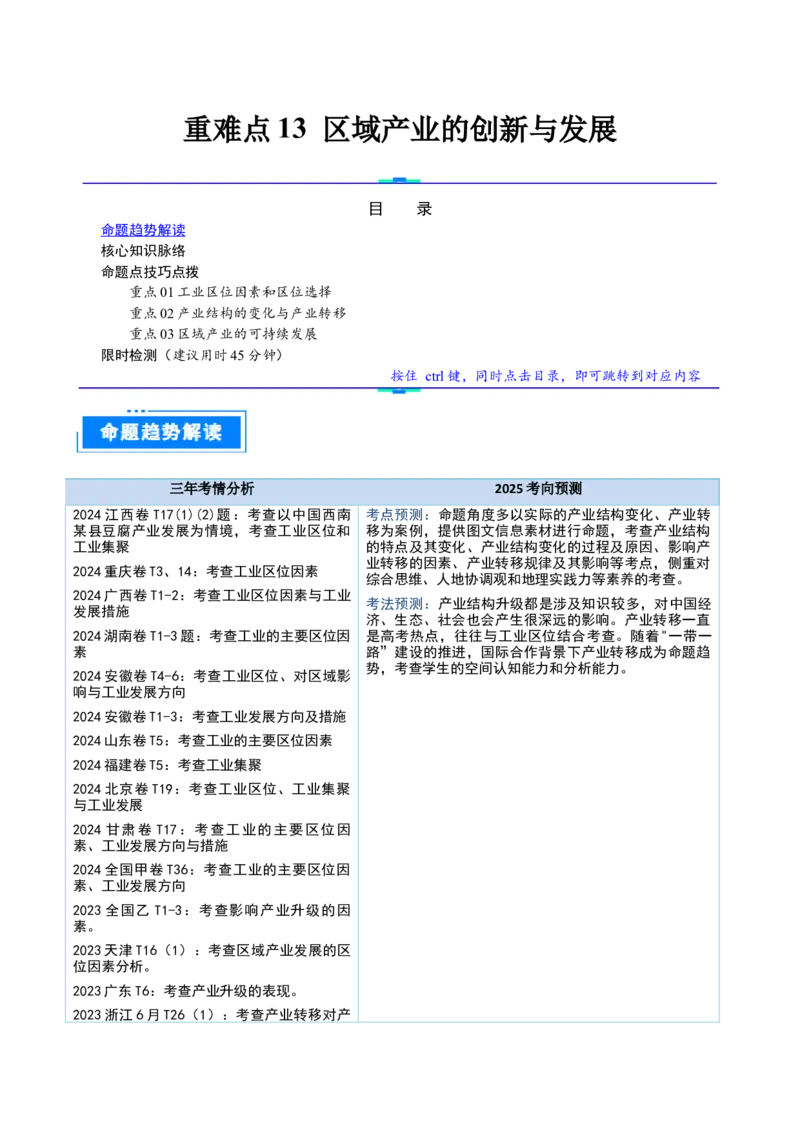 重难点13区域产业的创新与发展（原卷版）_2025年新高考资料_二轮复习_01高考语文等多个文件_2025年高三地理高考二轮复习专项提升_重点&middot;难点&middot;热点专练（分地区）