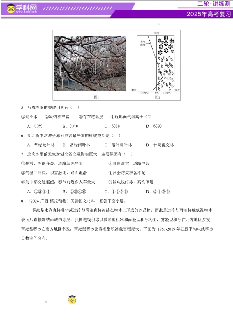 微专题冻害（寒潮、冻雨等）、森林火灾、堰塞湖、城市内涝（练习）（原卷版）_2025年新高考资料_二轮复习_上好课2025年高考地理二轮复习讲练测（新高考通用）3381954