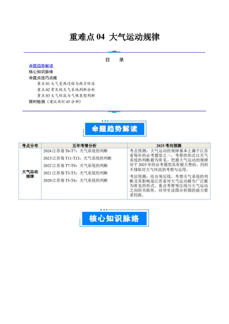 重难点04大气运动规律（原卷版）_2025年新高考资料_二轮复习_2025年高三地理高考二轮复习专项提升（新高考通用）3405802_重点&middot;难点&middot;热点专练（分地区）_江苏专用
