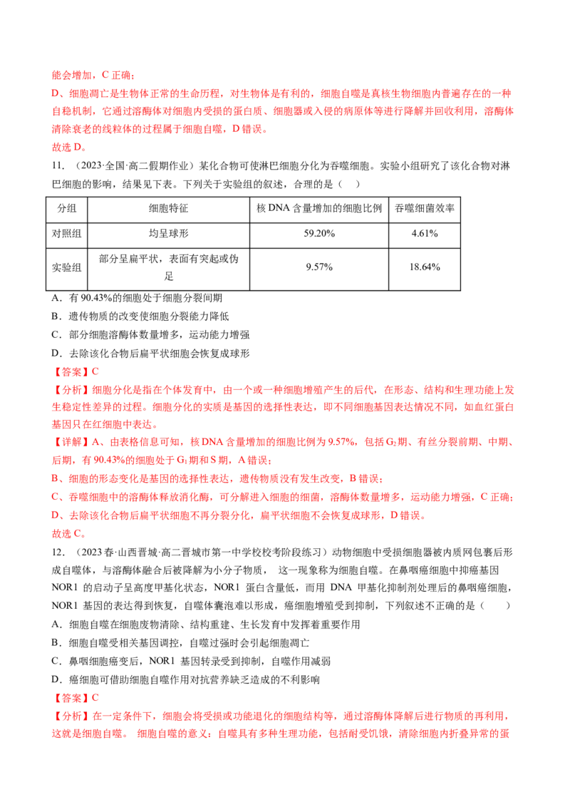 第14讲细胞的分化、衰老、死亡和癌变（练习）（解析版）_2024年新高考资料_1.2024一轮复习_2024年高考生物一轮复习讲练测（新教材新高考）