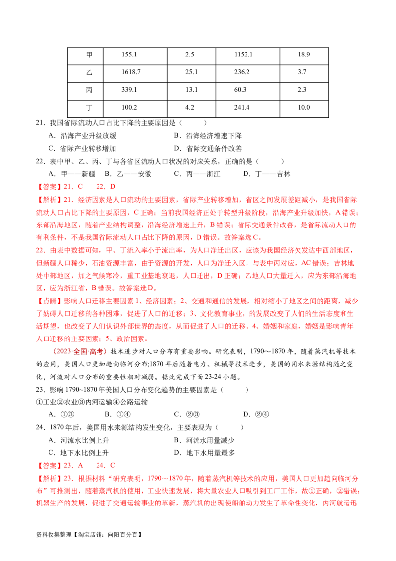 专题08人口-学易金卷：五年（2019-2023）高考地理真题分项汇编（解析版）_通用版（老高考）复习资料_2024年复习资料_完五年（2019-2023）高考地理真题分项汇编（全国通用）