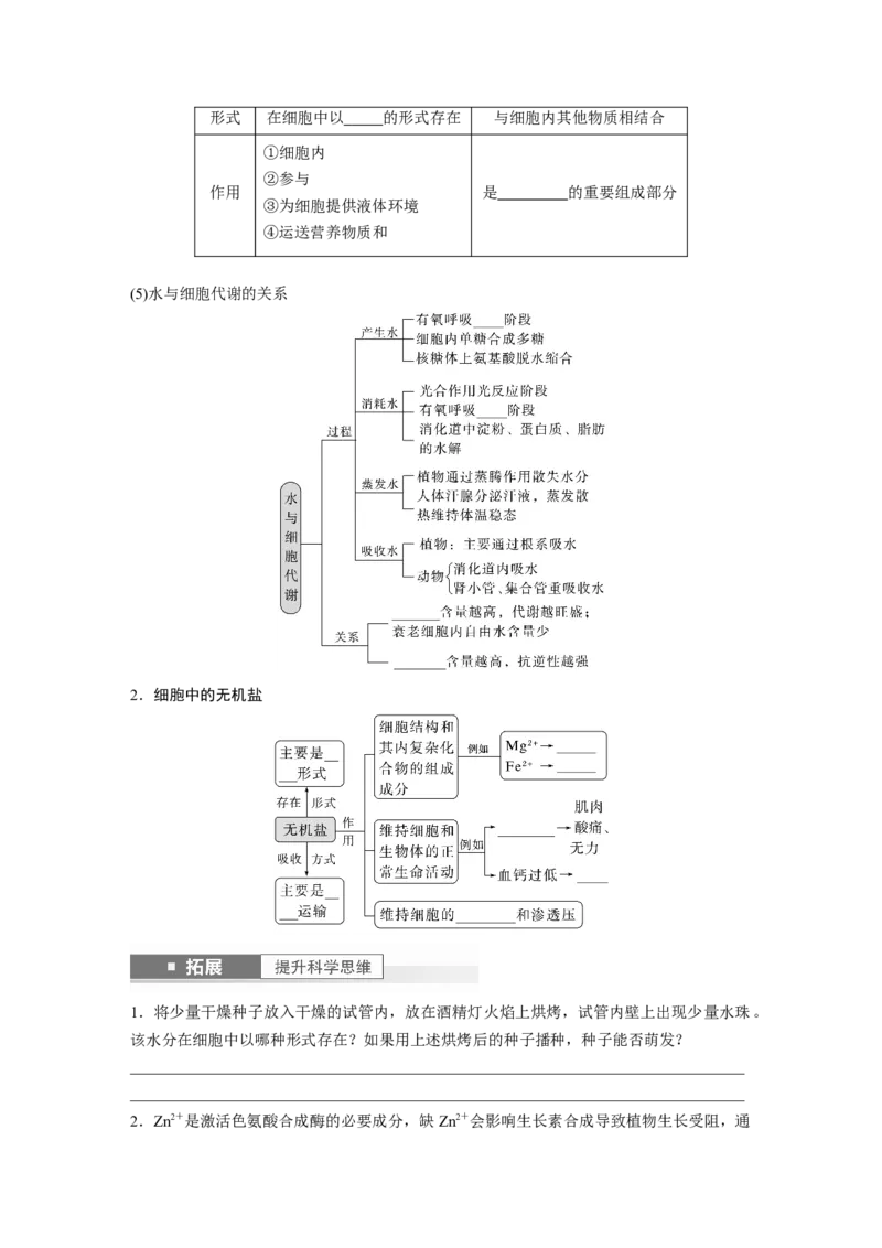 第1单元　第2课时　细胞中的无机物、糖类和脂质_2024年新高考资料_1.2024一轮复习_2024年高考生物一轮复习讲义（新人教版）_学生版在此文件夹_大一轮复习讲义