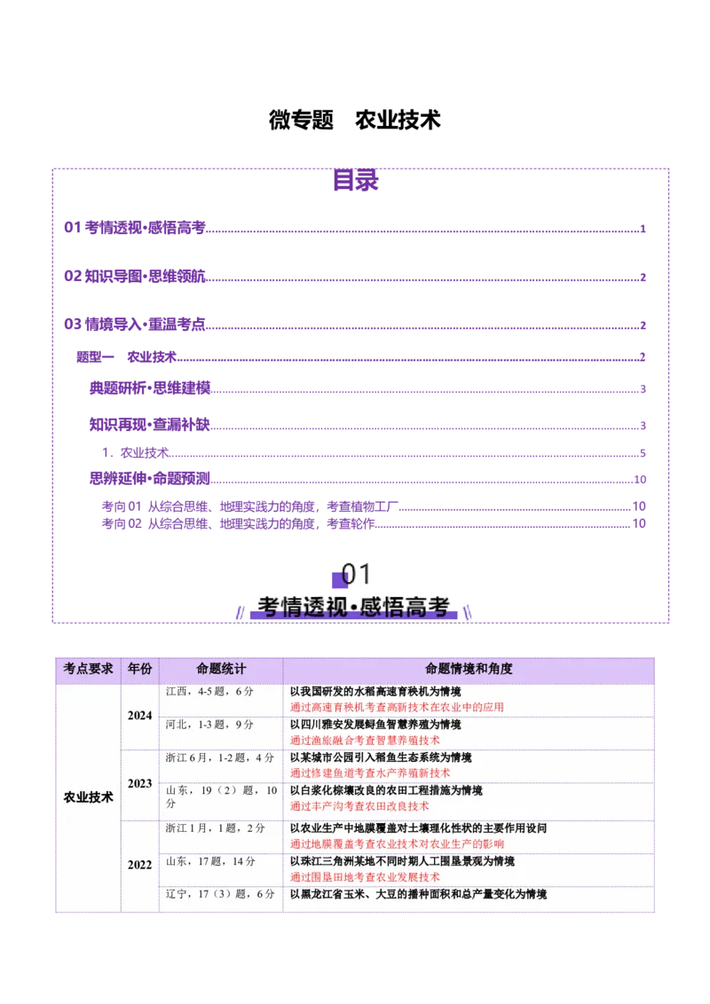 微专题农业技术（讲义）（原卷版）_2025年新高考资料_二轮复习_01高考语文等多个文件_上好课2025年高考地理二轮复习讲练测（新高考通用）_第一部分专题突破