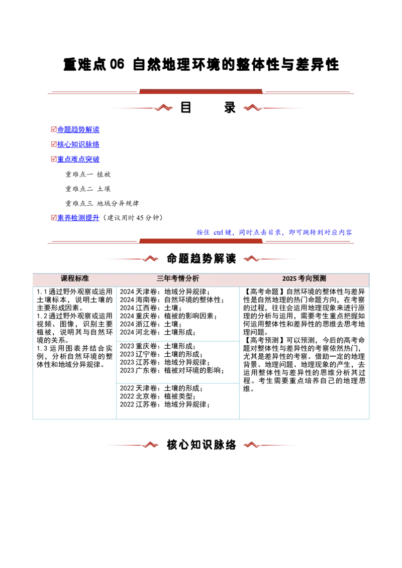 重难点06地理环境的整体性与差异性（原卷版）_2025年新高考资料_二轮复习_2025年高三地理高考二轮复习专项提升（新高考通用）3405802_重点&middot;难点&middot;热点专练（分地区）_新高考通用