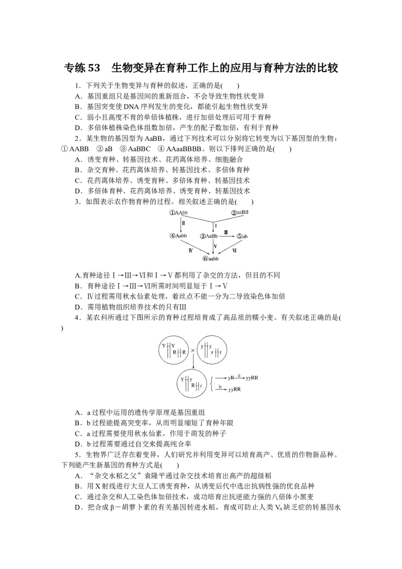 专练53　生物变异在育种工作上的应用与育种方法的比较_通用版（老高考）复习资料_2023年复习资料_专项复习_2023《微专题&middot;小练习》&middot;生物