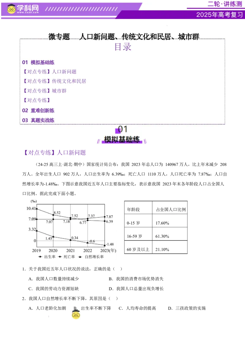 微专题人口新问题、传统文化和民居、城市群（练习）（原卷版）_2025年新高考资料_二轮复习_上好课2025年高考地理二轮复习讲练测（新高考通用）3381954