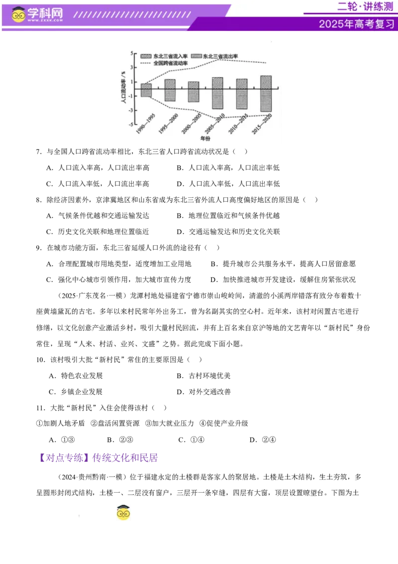 微专题人口新问题、传统文化和民居、城市群（练习）（原卷版）_2025年新高考资料_二轮复习_上好课2025年高考地理二轮复习讲练测（新高考通用）3381954