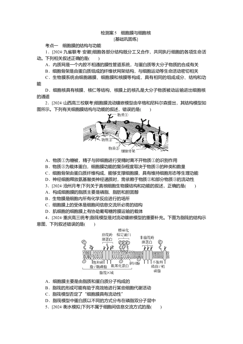 2025届高中生物学一轮复习检测案5　细胞膜与细胞核（含解析）_2025年新高考资料_一轮复习_2025届高中生物学一轮复习分层复习检测(含解析)