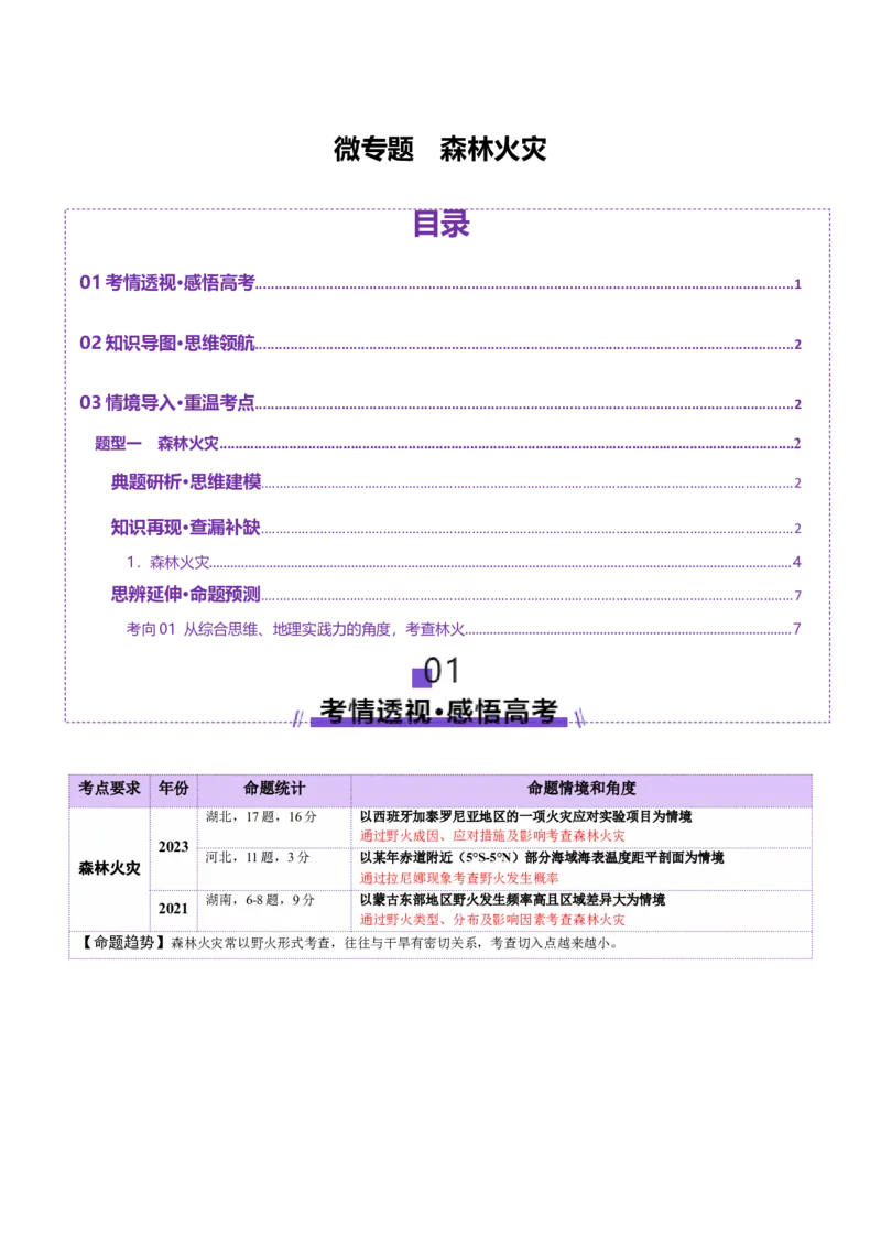 微专题森林火灾（讲义）（原卷版）_2025年新高考资料_二轮复习_01高考语文等多个文件_上好课2025年高考地理二轮复习讲练测（新高考通用）_第一部分专题突破