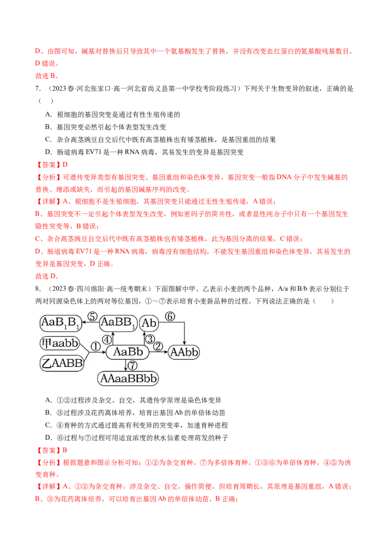 第23讲生物的变异（练习）（解析版）_2024年新高考资料_1.2024一轮复习_2024年高考生物一轮复习讲练测（新教材新高考）