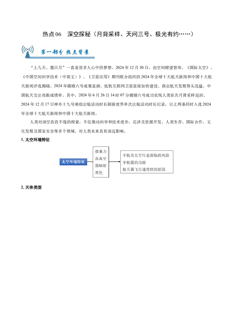 热点06深空探秘（月背采样、天问三号、极光有约）（原卷版）_2025年新高考资料_二轮复习_01高考语文等多个文件_2025年高三地理高考二轮复习专项提升_重点&middot;难点&middot;热点专练（分地区）