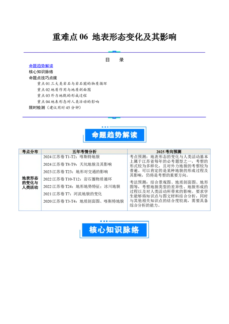 重难点06地表形态变化及其影响（原卷版）_2025年新高考资料_二轮复习_01高考语文等多个文件_2025年高三地理高考二轮复习专项提升_重点&middot;难点&middot;热点专练（分地区）_江苏专用
