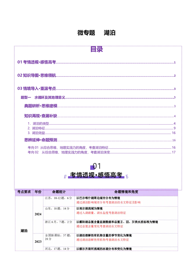 微专题湖泊（讲义）（原卷版）_2025年新高考资料_二轮复习_2025年高三地理高考二轮复习专项提升（新高考通用）3405802_二轮讲义