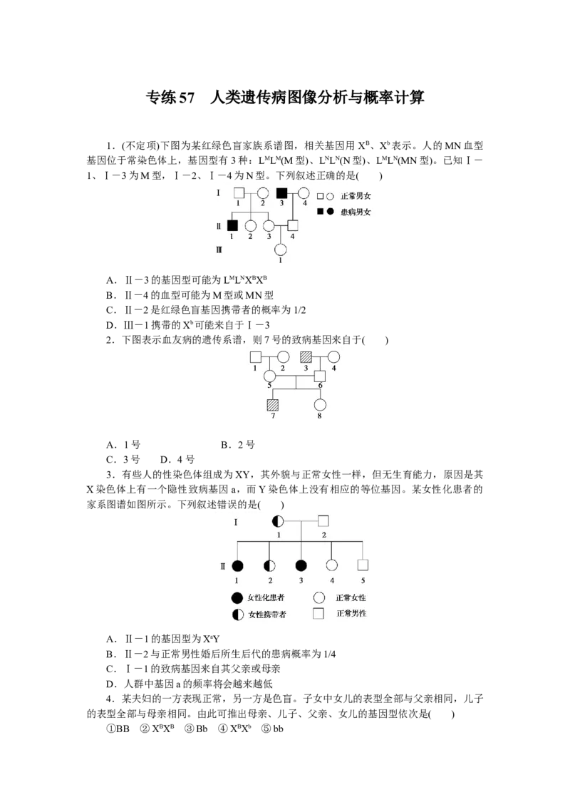 专练57　人类遗传病图像分析与概率计算_新高考复习资料_2023年新高考复习资料_专项复习_2023《微专题&middot;小练习》&middot;生物&middot;新教材&middot;XL-7