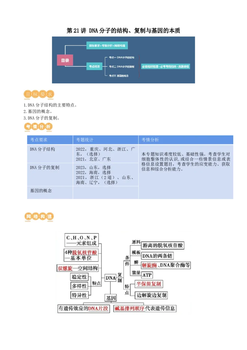 第21讲DNA分子的结构、复制与基因的本质（讲义）（学生版）_2024年新高考资料_1.2024一轮复习_2024年高考生物一轮复习讲练测（新教材新高考）