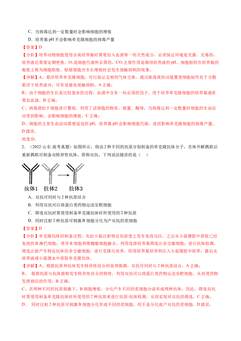 第41讲动物细胞工程（练习）（解析版）_2024年新高考资料_1.2024一轮复习_2024年高考生物一轮复习讲练测（新教材新高考）