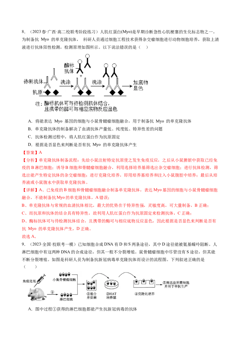 第41讲动物细胞工程（练习）（解析版）_2024年新高考资料_1.2024一轮复习_2024年高考生物一轮复习讲练测（新教材新高考）