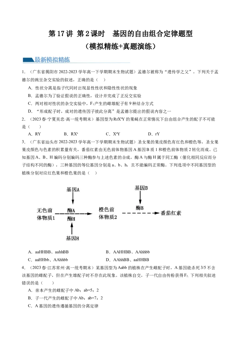 第17.2讲基因的自由组合定律相关题型（练习）（原卷版）_2024年新高考资料_1.2024一轮复习_2024年高考生物一轮复习讲练测（新教材新高考）