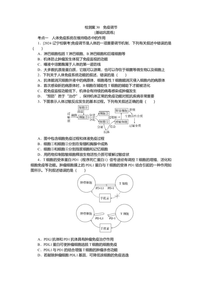 2025届高中生物学一轮复习检测案30　免疫调节（含解析）_2025年新高考资料_一轮复习_2025届高中生物学一轮复习分层复习检测(含解析)