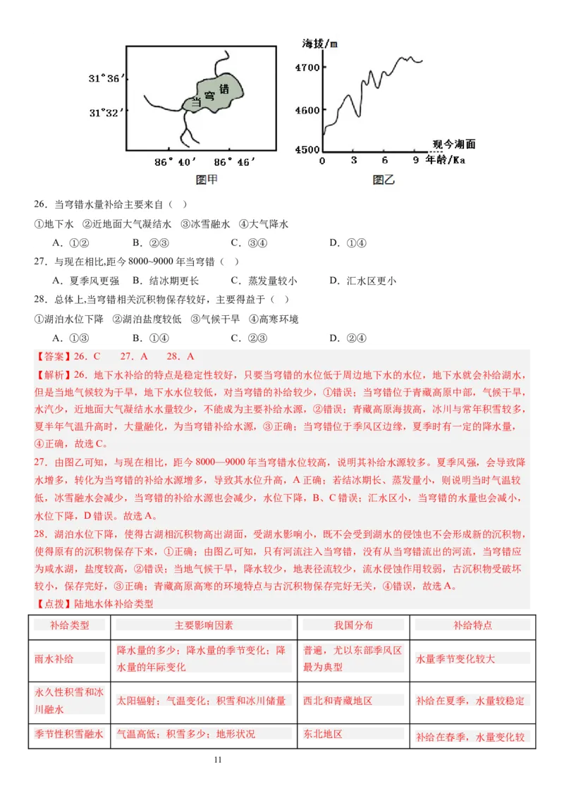 2024届高考一轮复习专题四地球上的水第十一讲水循环、水量平衡与陆地水体相互关系（解析版）_通用版（老高考）复习资料_2024年复习资料_专题训练