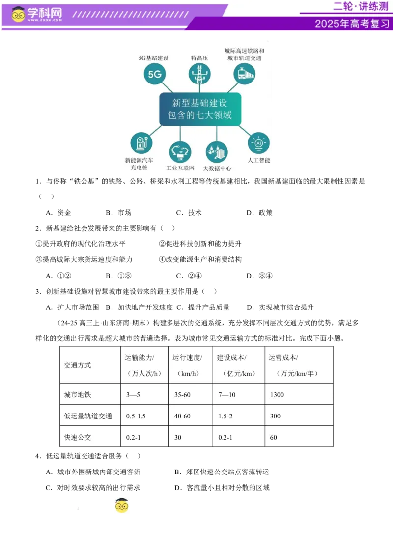 微专题中国新基建（交通）（练习）（原卷版）_2025年新高考资料_二轮复习_上好课2025年高考地理二轮复习讲练测（新高考通用）3381954