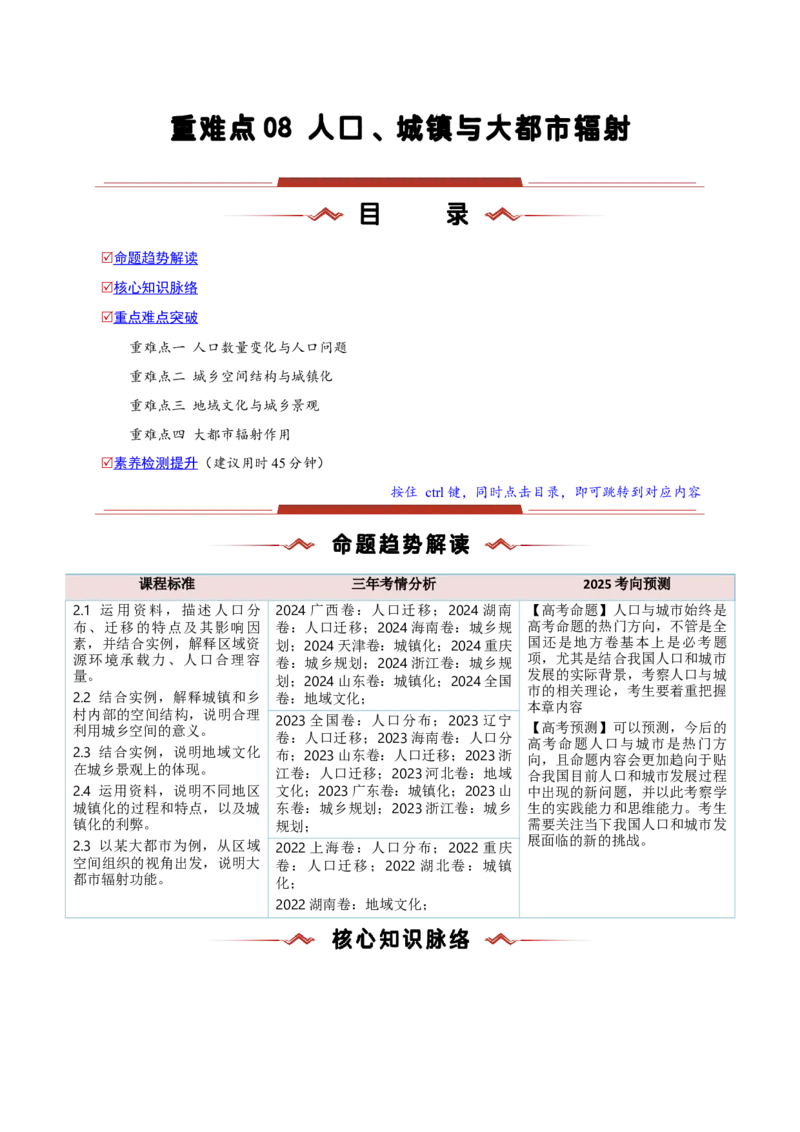 重难点08人口、城镇与大都市辐射（原卷版）_2025年新高考资料_二轮复习_01高考语文等多个文件_2025年高三地理高考二轮复习专项提升_重点&middot;难点&middot;热点专练（分地区）_新高考通用