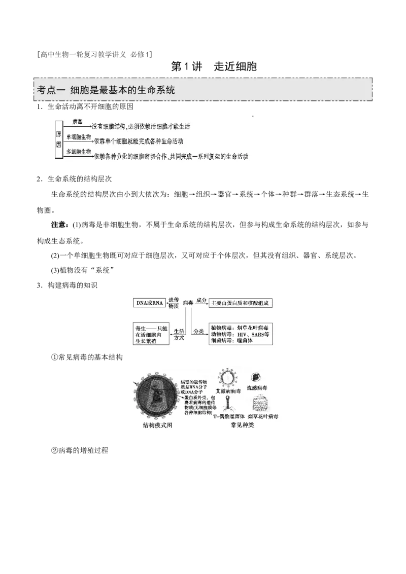 GKSW150_第1讲走近细胞-备战2022年高考生物一轮复习精品讲义（人教版）(原卷版)_新高考复习资料_2022年新高考复习资料_备战2022新高考生物一轮复习精品讲义（人教版）