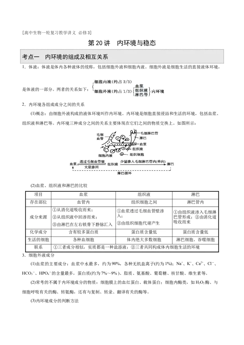 GKSW150_第20讲内环境与稳态-备战2022年高考生物一轮复习精品讲义（人教版）(解析版)_新高考复习资料_2022年新高考复习资料_备战2022新高考生物一轮复习精品讲义（人教版）