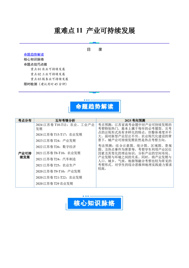 重难点11产业可持续发展（原卷版）_2025年新高考资料_二轮复习_2025年高三地理高考二轮复习专项提升（新高考通用）3405802_重点&middot;难点&middot;热点专练（分地区）_江苏专用