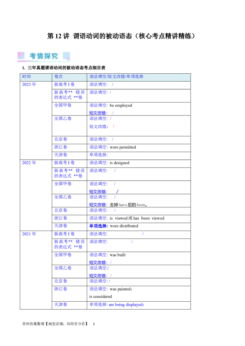 第12讲谓语动词的被动语态（核心考点精讲精练）（原卷版）-备战2024年高考英语一轮复习考点帮（全国通用）_03高考英语_通用版（老高考）复习资料_2024年复习资料_第二部分语法