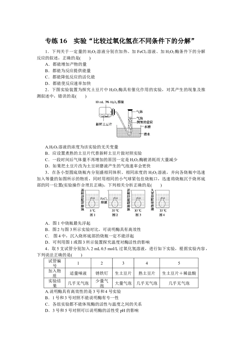 专练16　实验&ldquo;比较过氧化氢在不同条件下的分解&rdquo;_通用版（老高考）复习资料_2023年复习资料_专项复习_2023《微专题&middot;小练习》&middot;生物