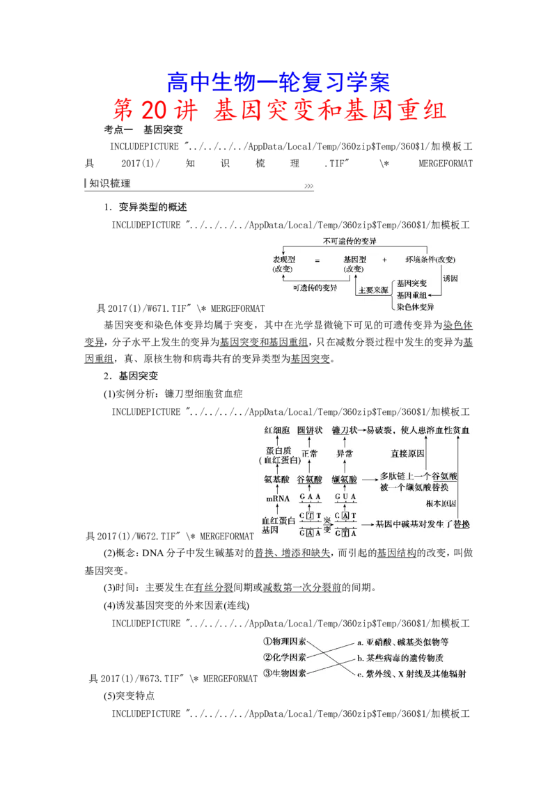 [12533094]高中生物一轮复习学案：第20讲　基因突变和基因重组_新高考复习资料_2023年新高考复习资料_一轮复习_精讲精练2023届新高考生物一轮复习学案