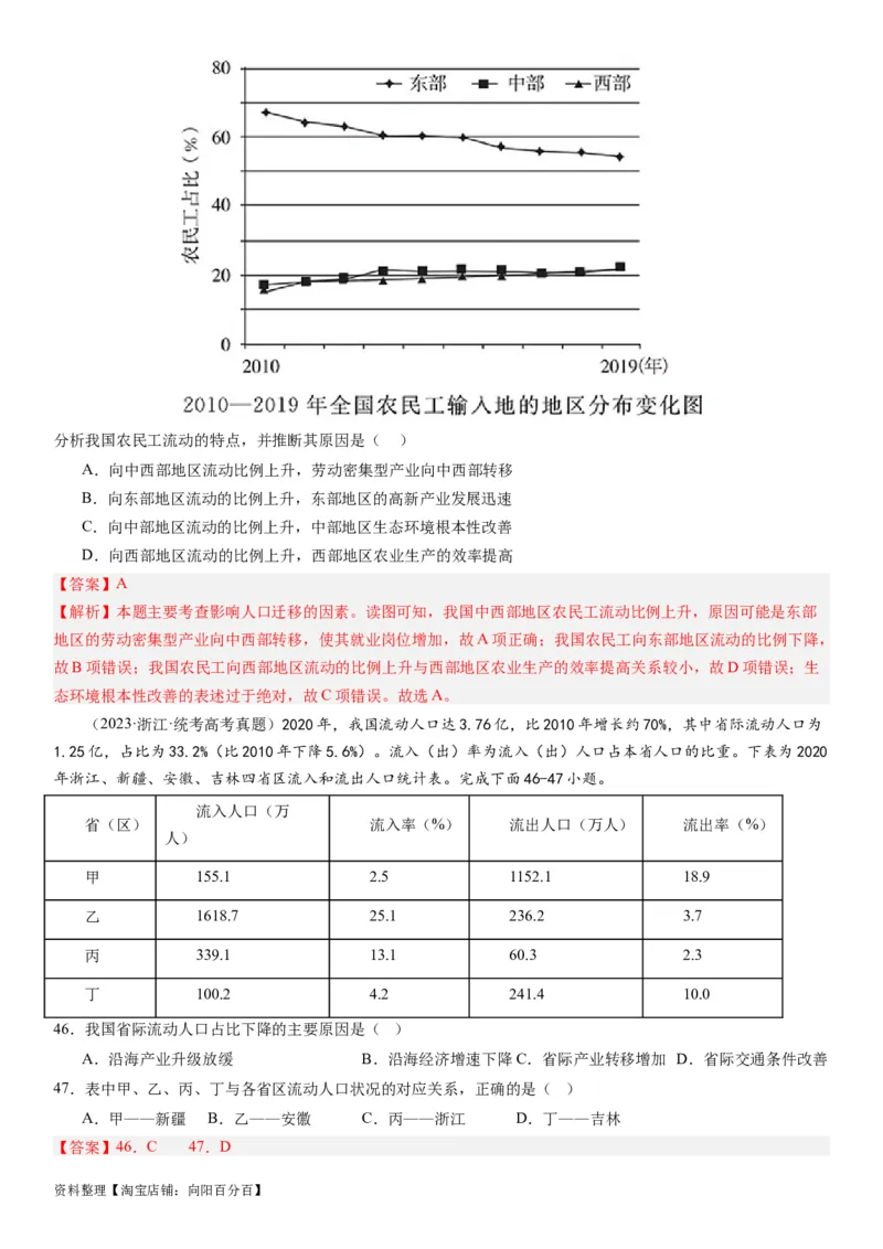 2024届高考一轮复习专题八人口第二十三讲人口迁移（解析版）_通用版（老高考）复习资料_2024年复习资料_完备战2024年高考地理一轮复习考点帮（全国通用）_专题训练