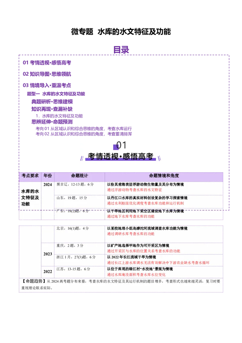 微专题水库的水文特征及功能（讲义）（解析版）_2025年新高考资料_二轮复习_上好课2025年高考地理二轮复习讲练测（新高考通用）3381954