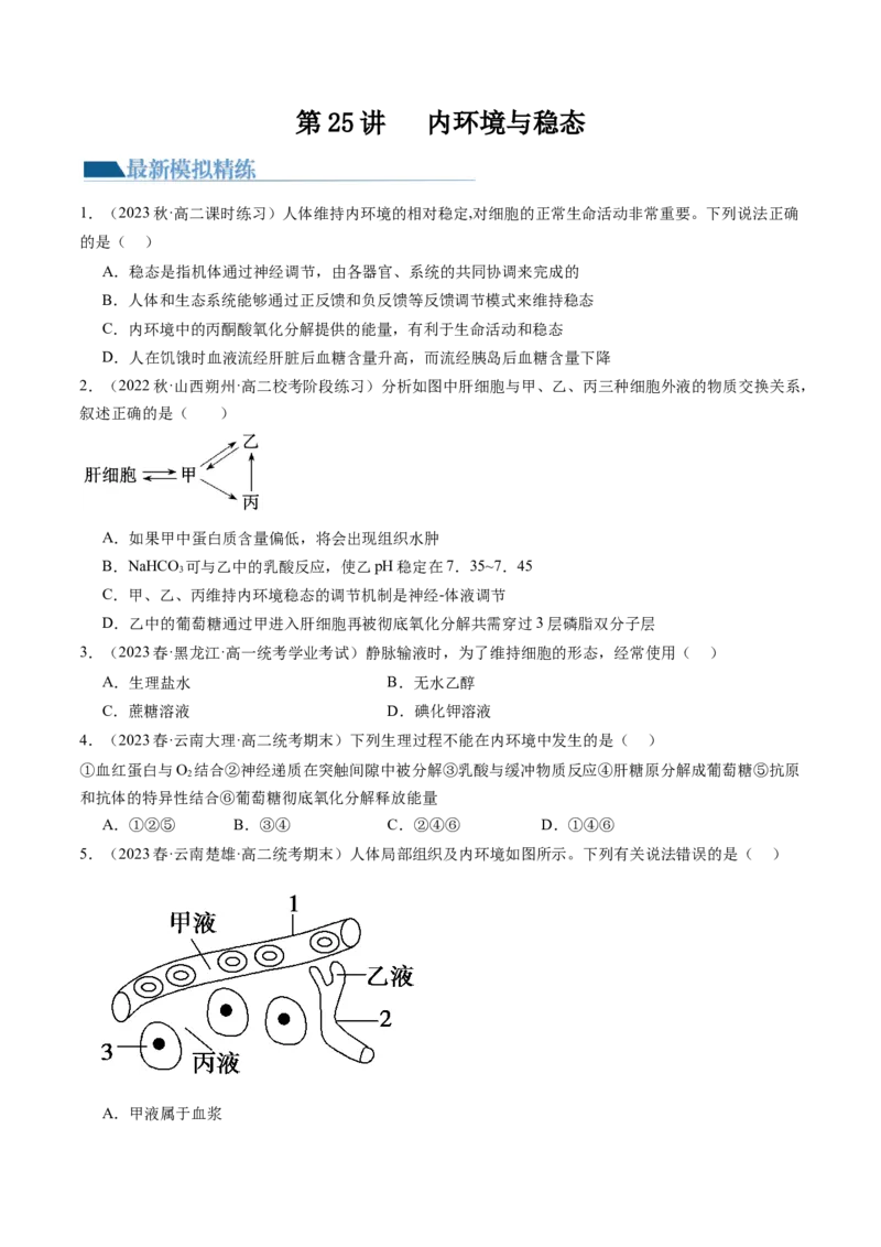第25讲内环境与稳态（练习）（原卷版）_2024年新高考资料_1.2024一轮复习_2024年高考生物一轮复习讲练测（新教材新高考）