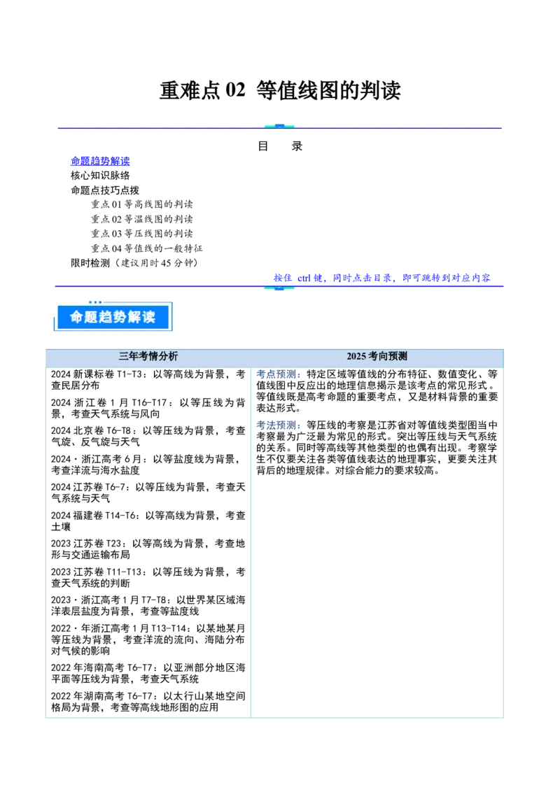重难点02等值线图的判读（原卷版）_2025年新高考资料_二轮复习_01高考语文等多个文件_2025年高三地理高考二轮复习专项提升_重点&middot;难点&middot;热点专练（分地区）