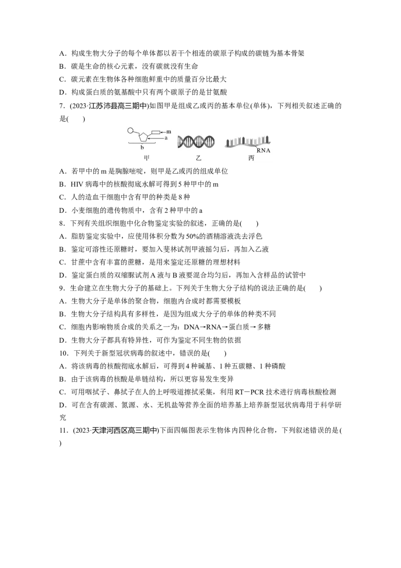 第1单元　课时练4　核酸是遗传信息的携带者、有机物的鉴定_2024年新高考资料_1.2024一轮复习_2024年高考生物一轮复习讲义（新人教版）_学生版在此文件夹_一轮复习69练