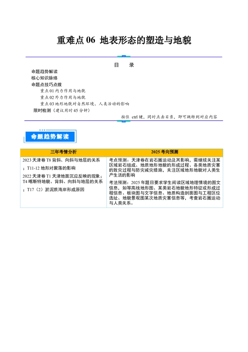 重难点06地表形态的塑造与地貌（原卷版）_2025年新高考资料_二轮复习_2025年高三地理高考二轮复习专项提升（新高考通用）3405802_重点&middot;难点&middot;热点专练（分地区）_天津专用