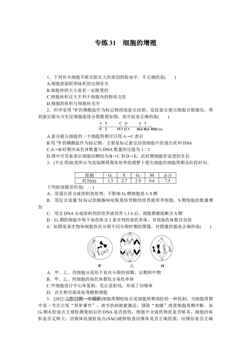 专练31　细胞的增殖_新高考复习资料_2023年新高考复习资料_专项复习_2023《微专题&middot;小练习》&middot;生物&middot;新教材&middot;XL-7