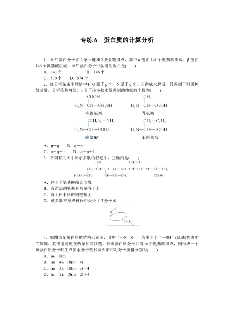 专练6　蛋白质的计算分析_新高考复习资料_2023年新高考复习资料_专项复习_2023《微专题&middot;小练习》&middot;生物&middot;新教材&middot;XL-7
