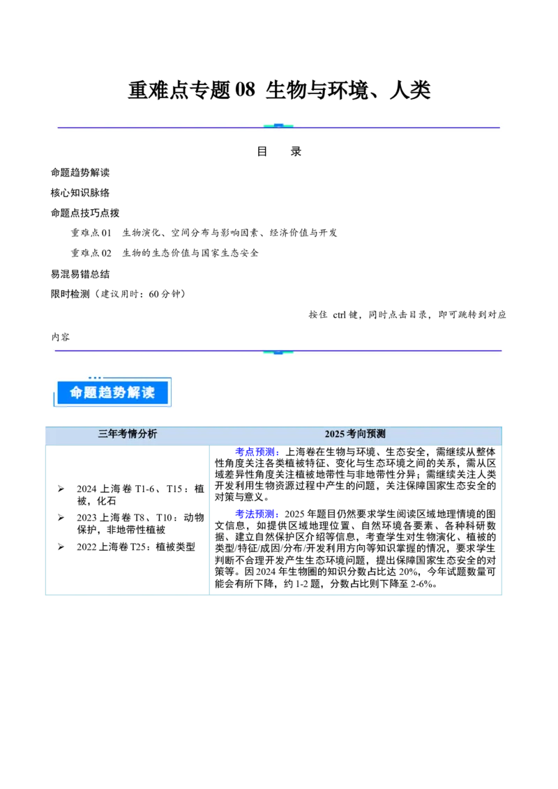 重难点专题08生物与环境、人类（原卷版）_2025年新高考资料_二轮复习_01高考语文等多个文件_2025年高三地理高考二轮复习专项提升_重点&middot;难点&middot;热点专练（分地区）_上海专用