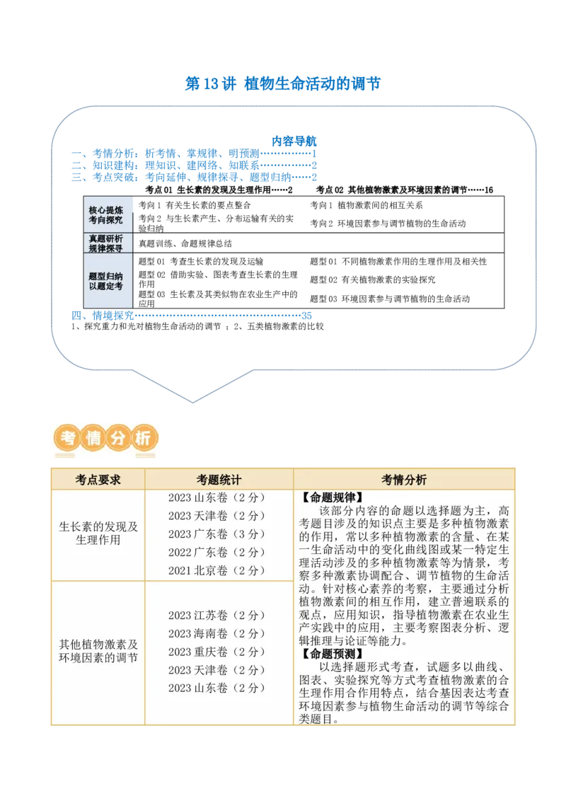第13讲植物生命活动的调节（讲义）解析版_2024年新高考资料_2.2024二轮复习_2024年高考生物二轮复习讲练测（新教材新高考）
