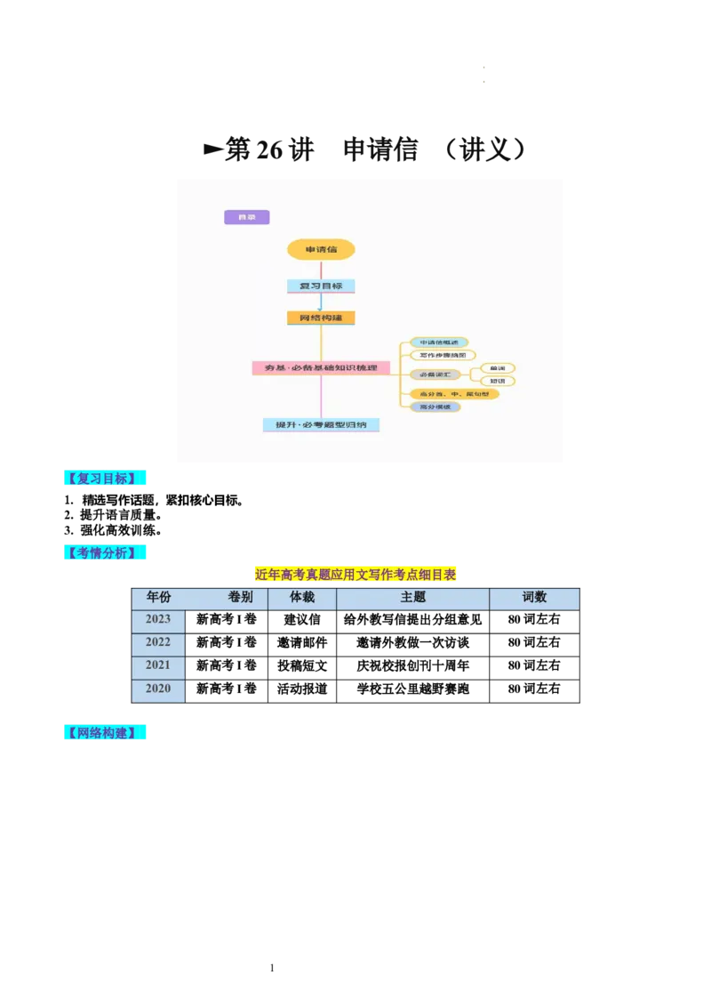 第26讲应用文写作之申请信（讲义）-2024年高考英语一轮复习讲练测（新教材新高考）（原卷版）_03高考英语_新高考复习资料_2024年新高考资料_一轮复习资料_第五部分写作