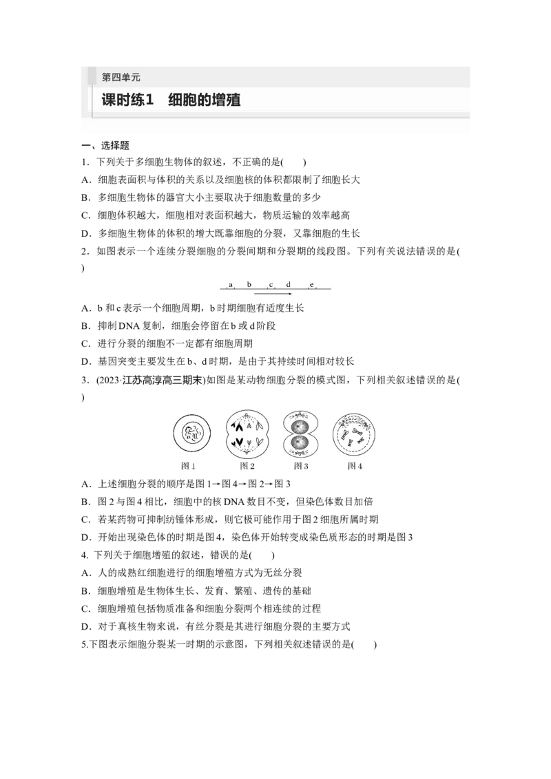 第4单元　课时练1　细胞的增殖_2024年新高考资料_1.2024一轮复习_2024年高考生物一轮复习讲义（新人教版）_学生版在此文件夹_一轮复习69练_第四单元　细胞的生命历程