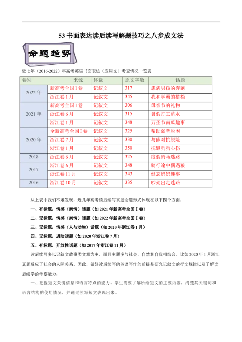考点53-书面表达读后续写解题技巧之八步成文法（重难题型）（原卷版）-备战2023年高考英语一轮复习考点帮（全国通用）_03高考英语_通用版（老高考）复习资料_2023年复习资料_一轮复习