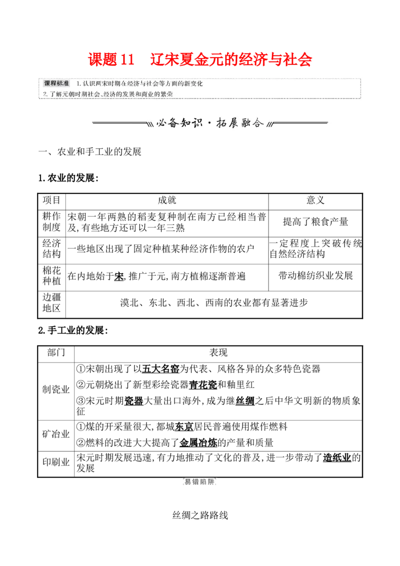 课题11辽宋夏金元的经济与社会教案_07高考历史_新高考复习资料_2022年新高考复习资料_2022届一轮复习讲练结合7.11更新_系列1_第三单辽宋夏金多民族政权的并立