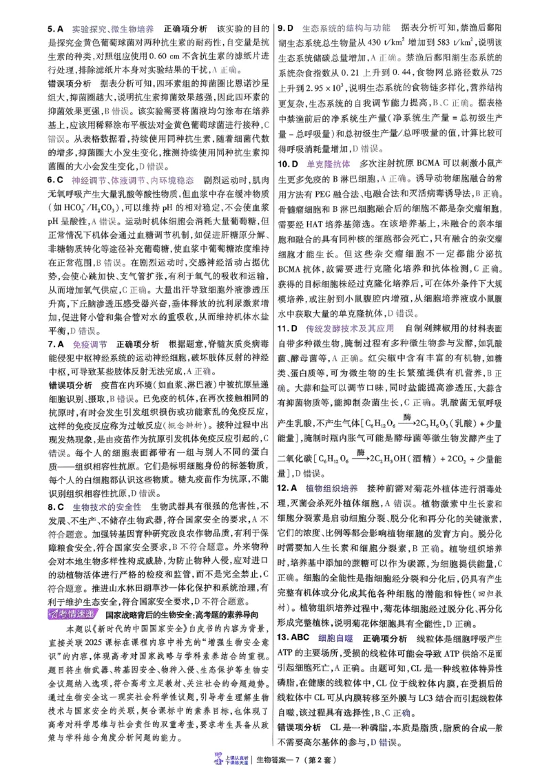 2026生物金考卷特快专递第6期《一模精选卷》答案册_第六期物化生_2026生物金考卷特快专递第6期《一模精选卷》
