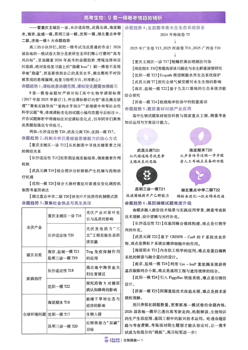 2026生物金考卷特快专递第6期《一模精选卷》答案册_第六期物化生_2026生物金考卷特快专递第6期《一模精选卷》