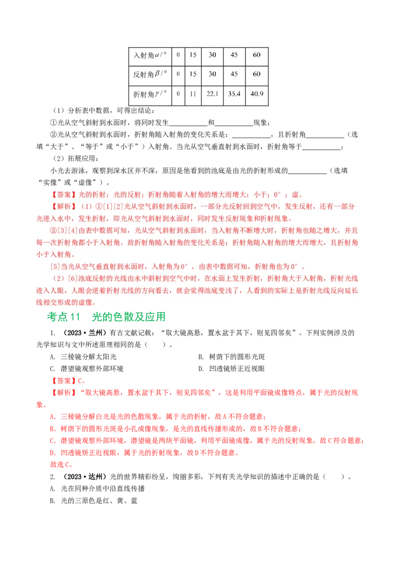 专题02光现象（练习）（解析版）_8、物理总复习_8.中考物理总复习_2024年中考复习资料_一轮复习资料_完2024年中考物理一轮复习课件+讲义+练习（全国通用）_教师版（含答案解析）