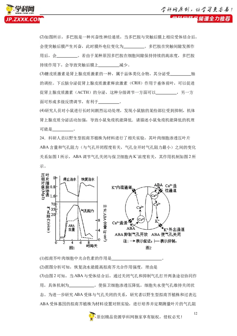 第八单元生命活动的调节（测试卷）（原卷版)_2024年新高考资料_3.2024专项复习_备战2024年高考生物一轮复习重难点专项突破